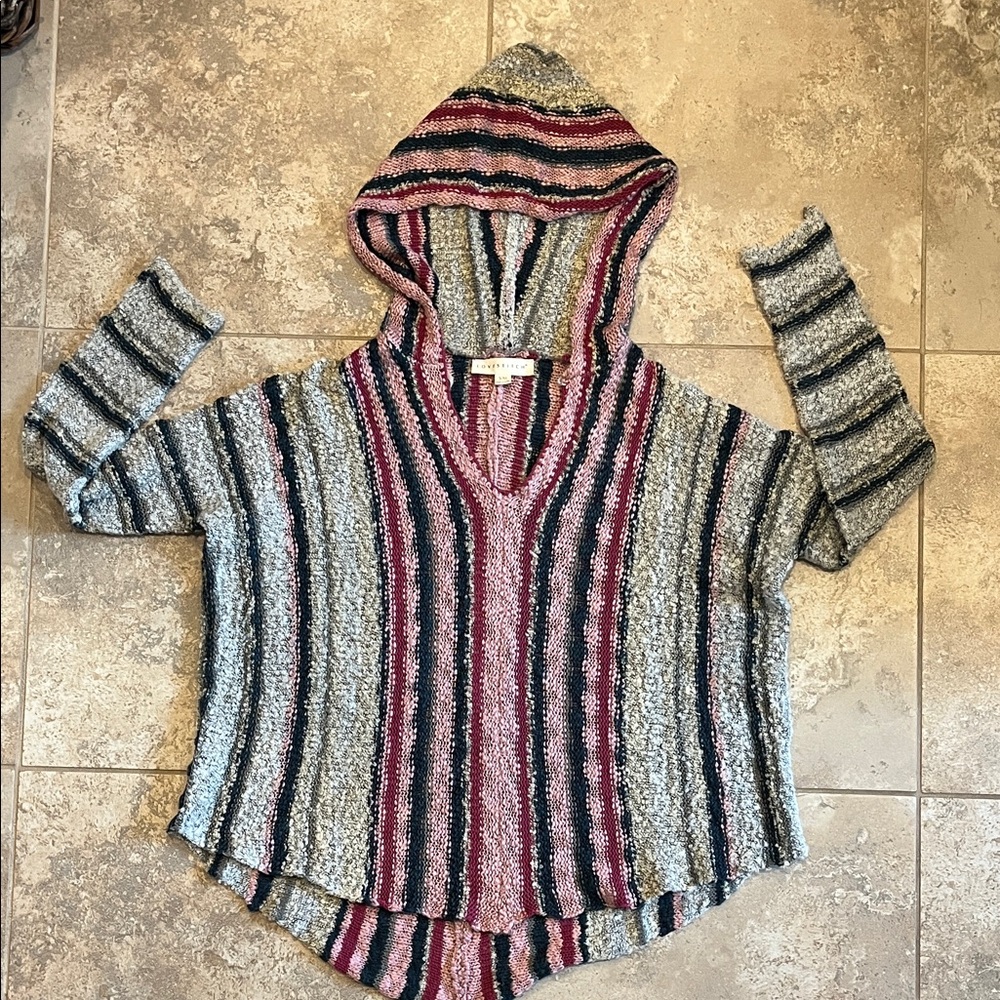 Lovestitch Crochet Multicolor Striped V-Neck Hooded Sweater